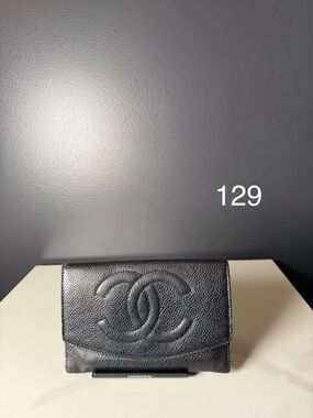 CHANEL Black Caviar Leather Small Wallet with Embossed CC